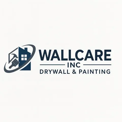 Wallcare Inc logo with house and painter's tool graphics, and text indicating drywall and painting services.