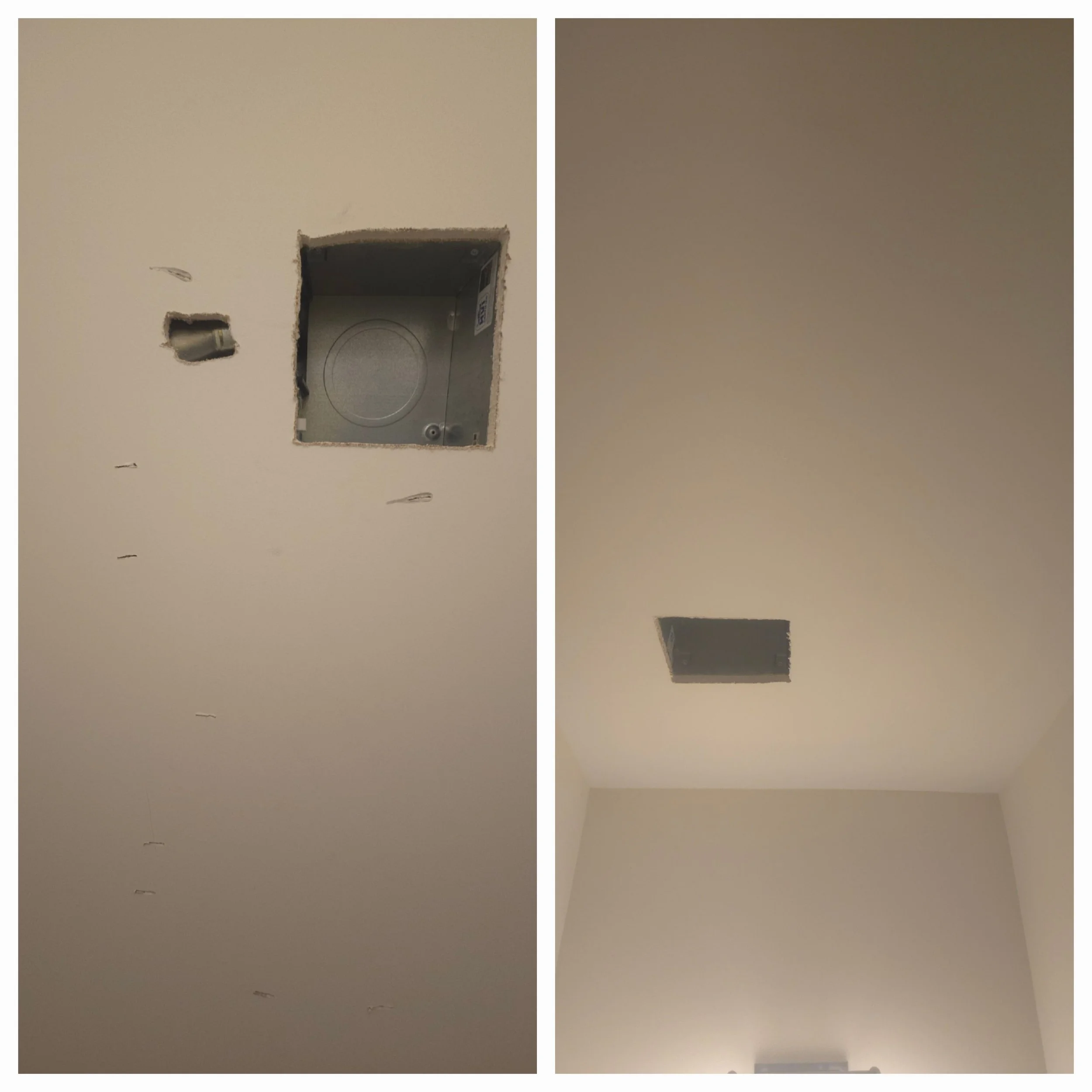 Side-by-side images of a wall, one with an electrical box and holes for wiring, the other blank with no fixtures or holes.