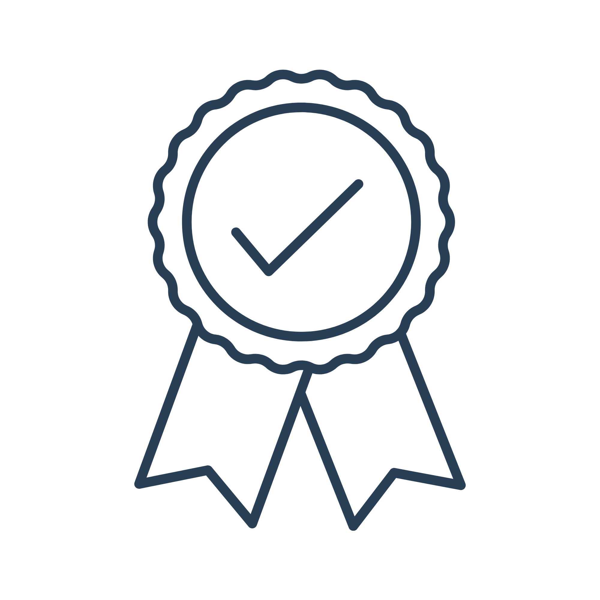 Outline of a person with a medal around their neck, showing a check mark and a star symbol.