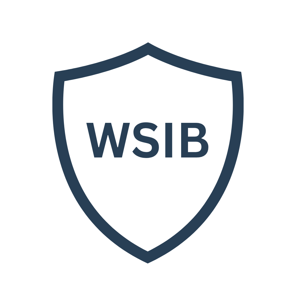 A shield emblem with the letters WSIB inside, representing workplace safety and insurance. The shield is dark blue with a navy outline.