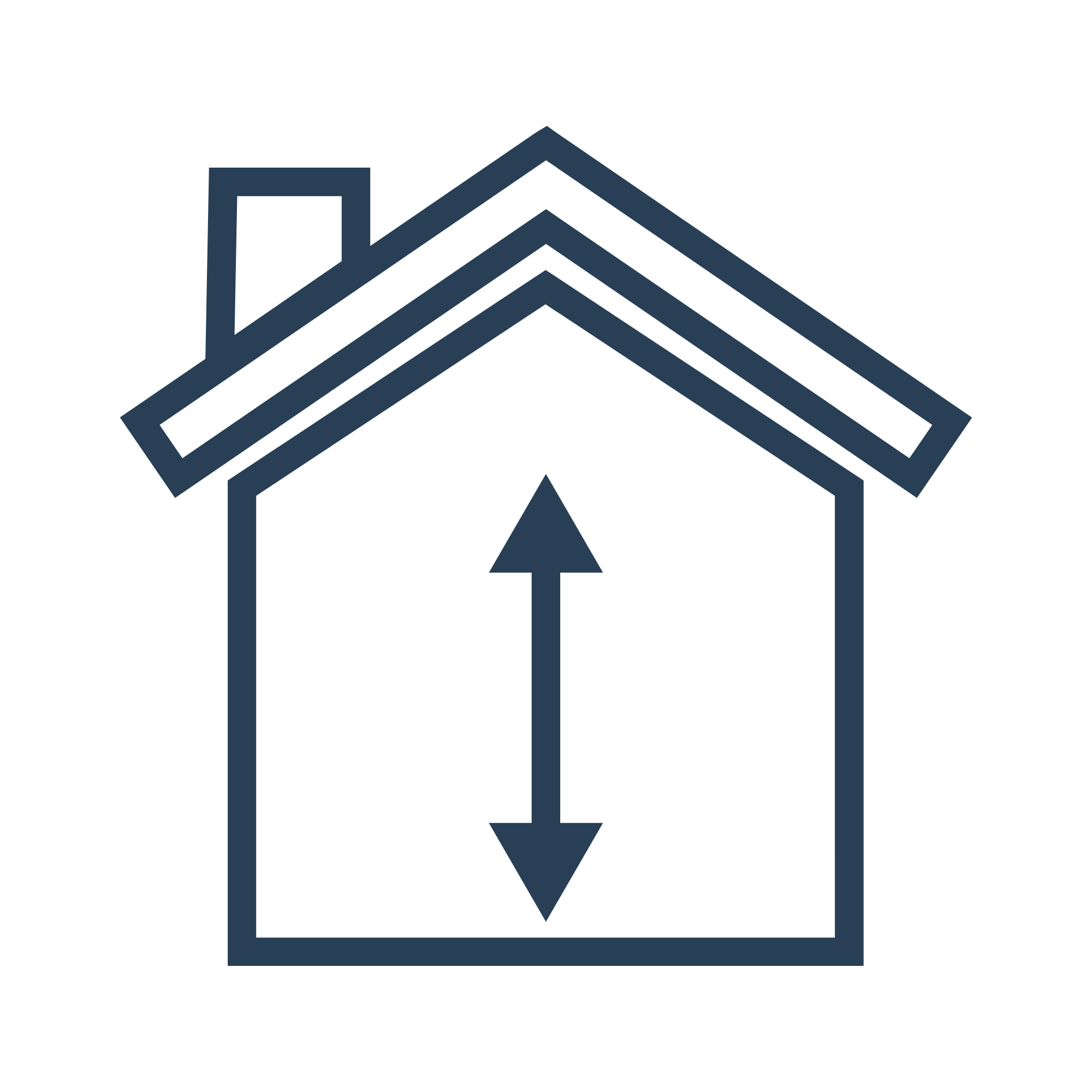 Line drawing of plan view of a house with overhanging roof, outlined with directions marked by arrows.