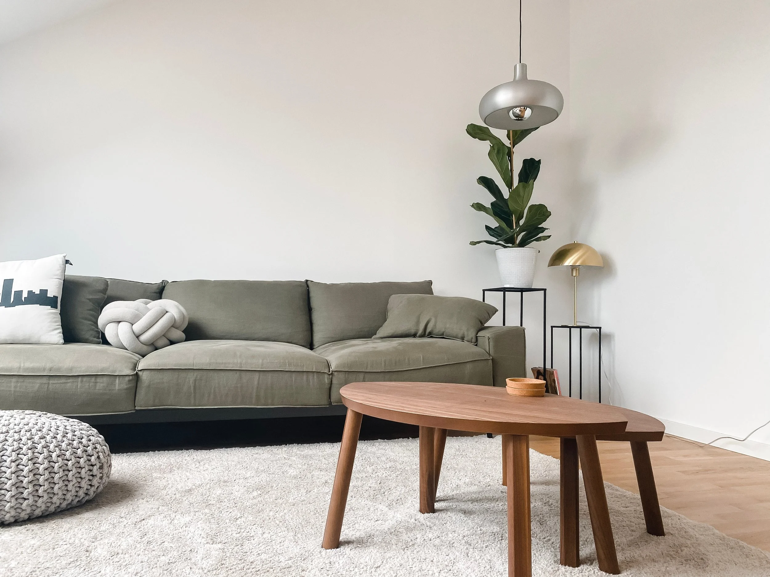 Living room with a beige sofa, a wooden coffee table, a large green potted plant, a modern brass table lamp, and a throw pillow with a city skyline silhouette. The room has a white wall and a light-colored floor with a white shaggy rug.
