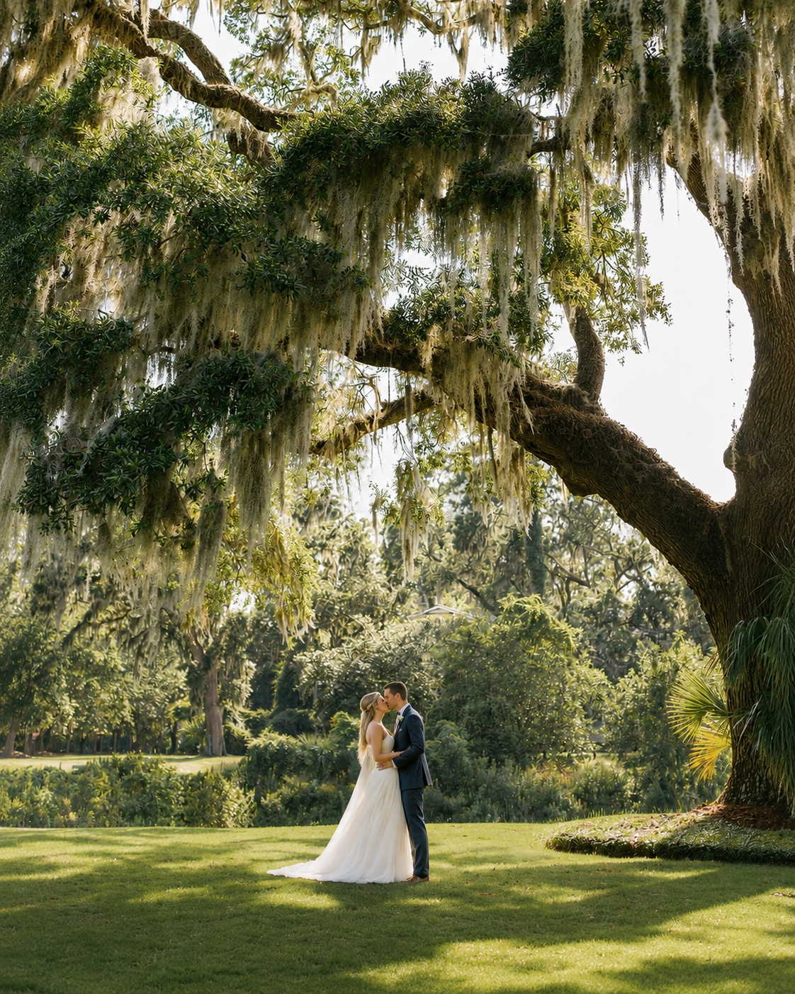 A bride and groom kissing under a large hanging moss-covered tree in a lush garden setting during daytime.