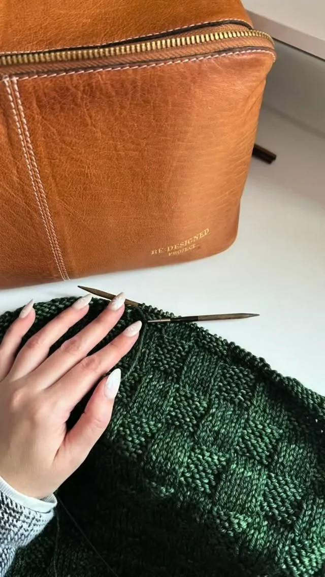 Brittany knitting a shawl pattern with a project bag by Re-designed.