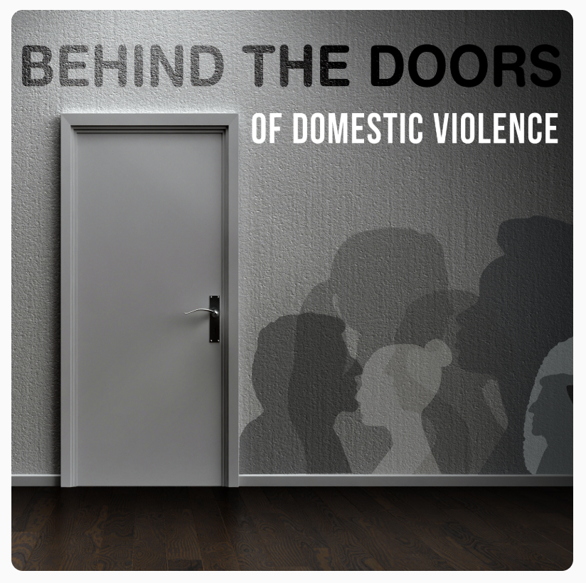 Wall mural with silhouettes of people and text reading 'Behind the Doors of Domestic Violence' next to a closed door.