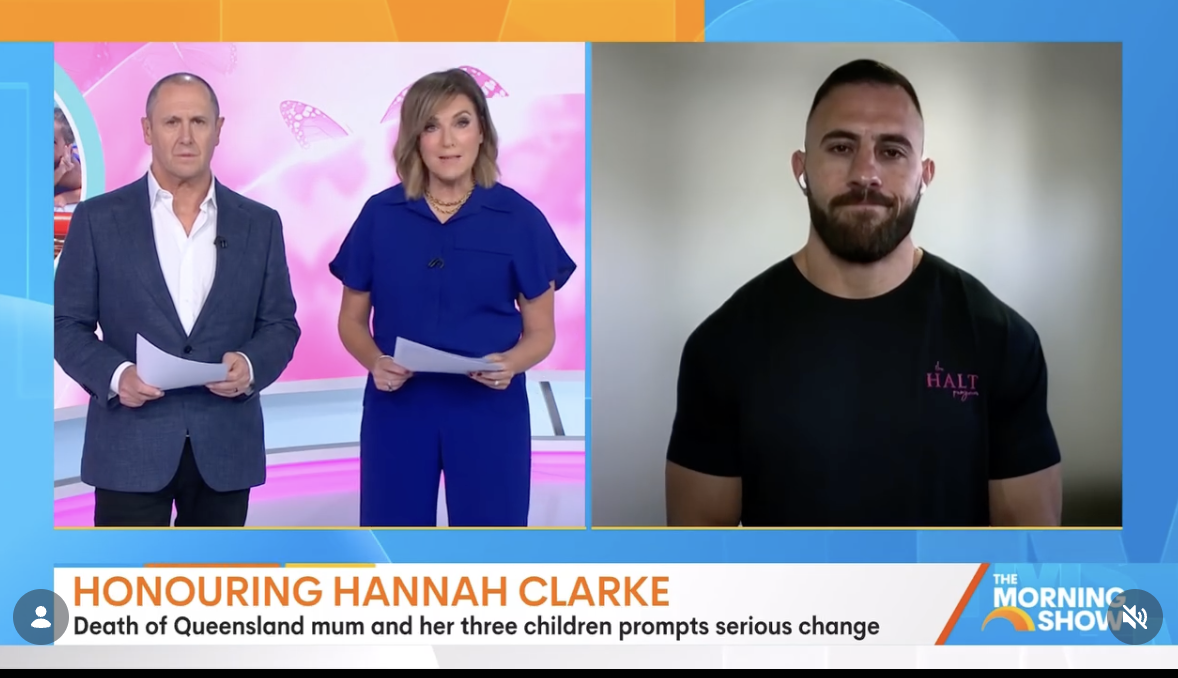 Screenshot of a morning TV show with two hosts on the left and Dave Kramer participating remotely. The show is honoring Hannah Clarke, a Queensland mum who died, and features a news ticker about the tragic event.