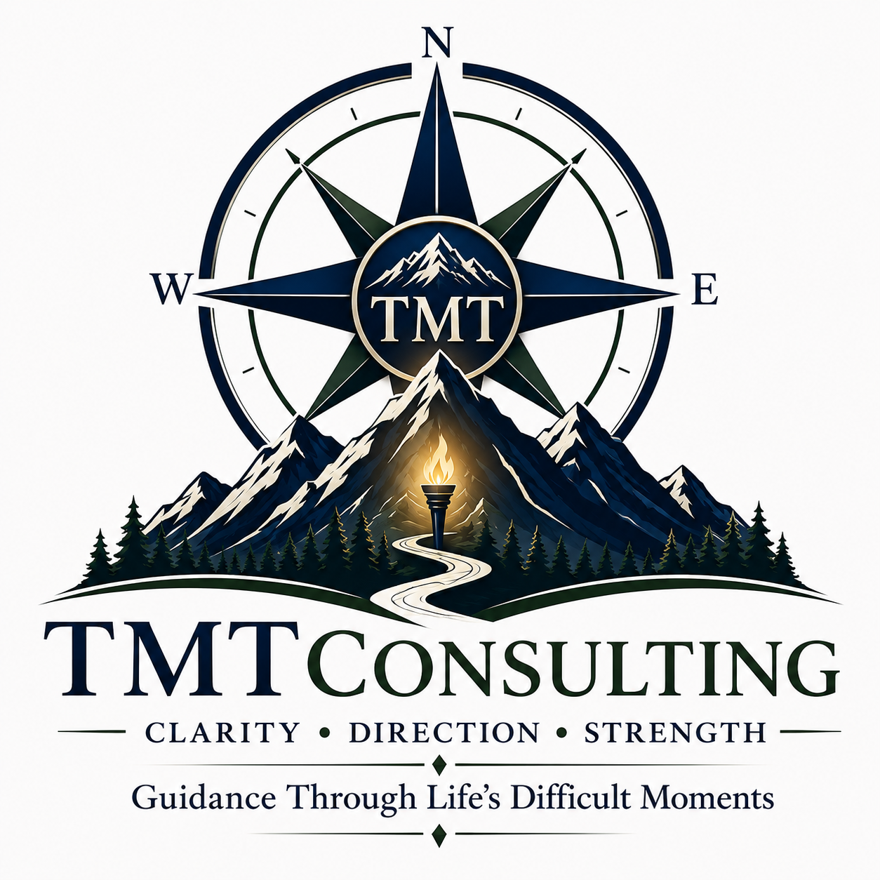Logo for TMT Consulting featuring a mountain, a torch, a winding path, and a compass with the words 'Clarity, Direction, Strength' and the slogan 'Guidance Through Life's Difficult Moments'.