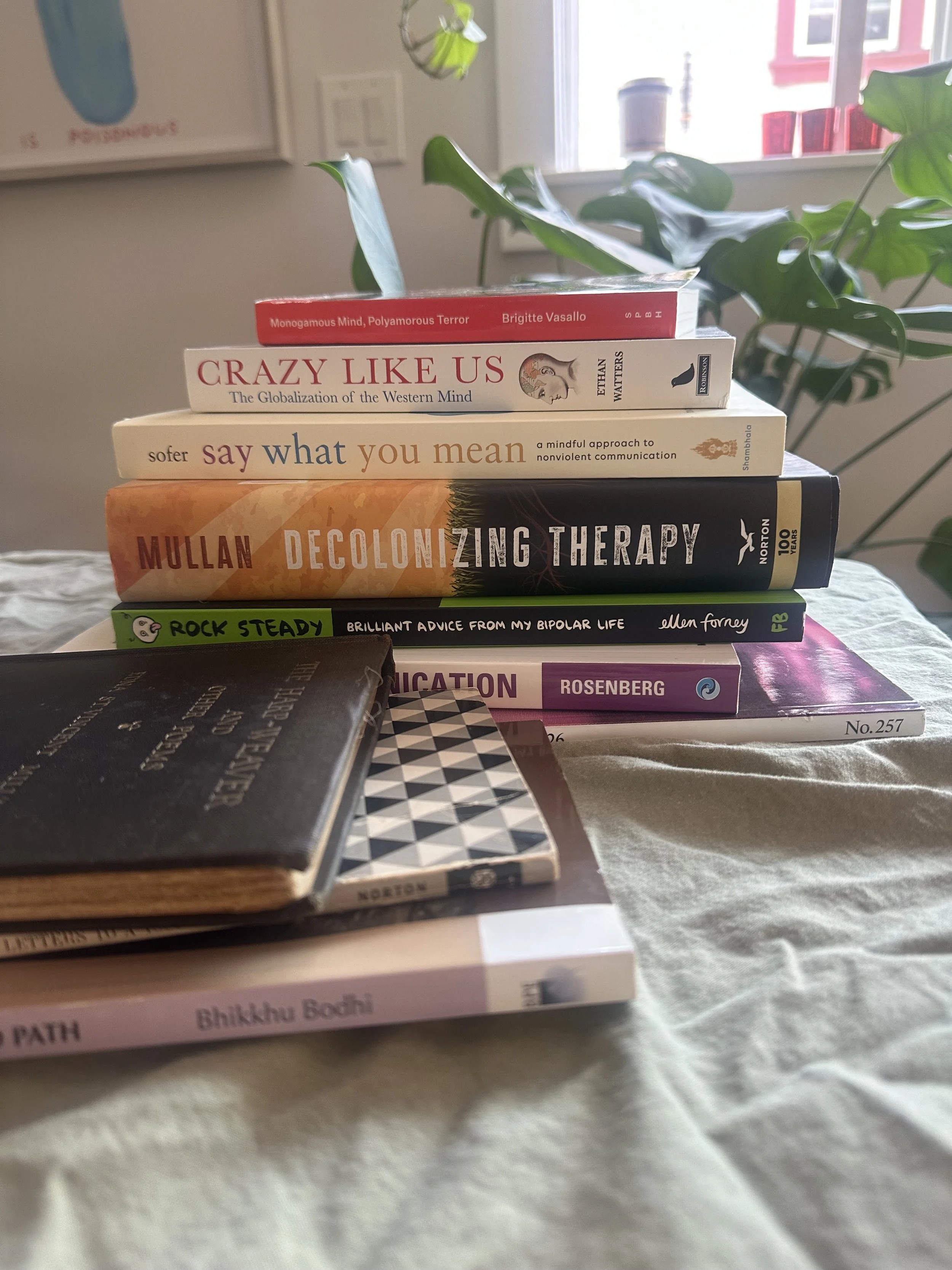 Stack of eight books on a table with a green plant in the background, near a window with red and white house-shaped decorations outside.