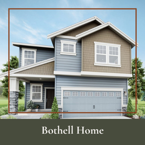 Front view of a modern two-story house with blue and brown siding and a two-car garage, surrounded by greenery.