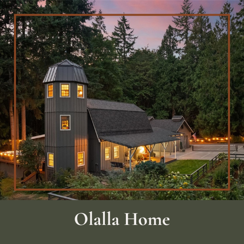 A two-story house with a tower, dark exterior, multiple windows, and surrounding trees at dusk, labeled as 'Olalla Home'.