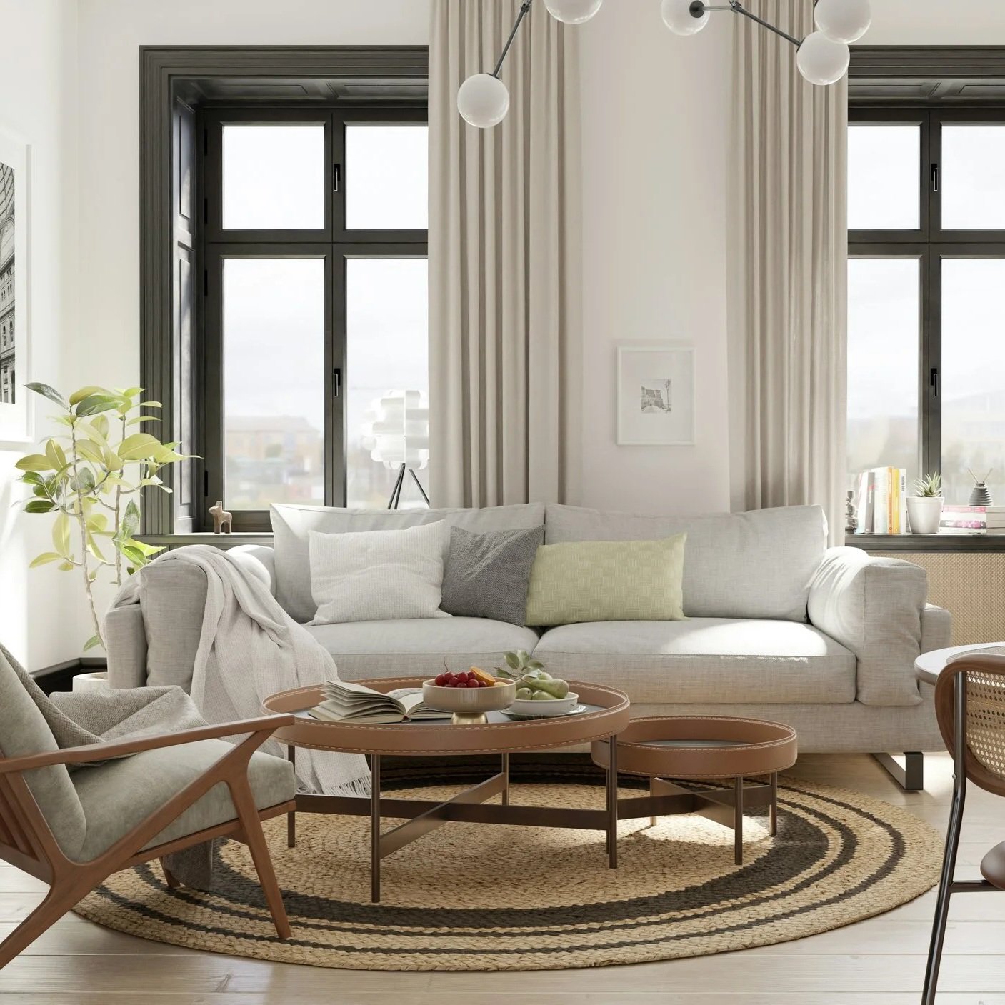 Living room with large windows, white sofa with pillows, a wooden coffee table with a bowl of fruit, a patterned rug, and a green plant near the window, with cream-colored curtains and modern lighting.