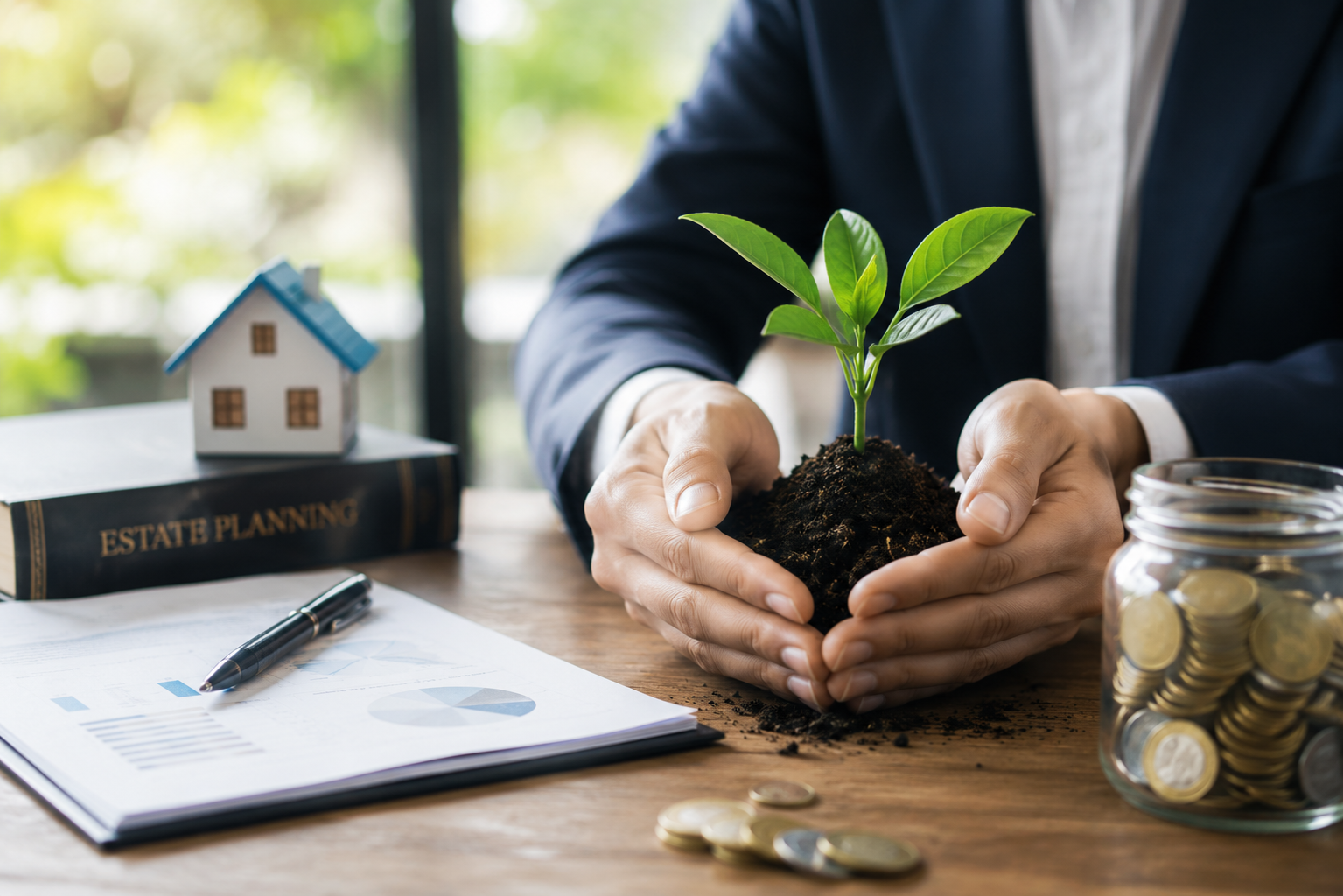 Person in a suit holding a small green plant growing in dark soil on a wooden desk.