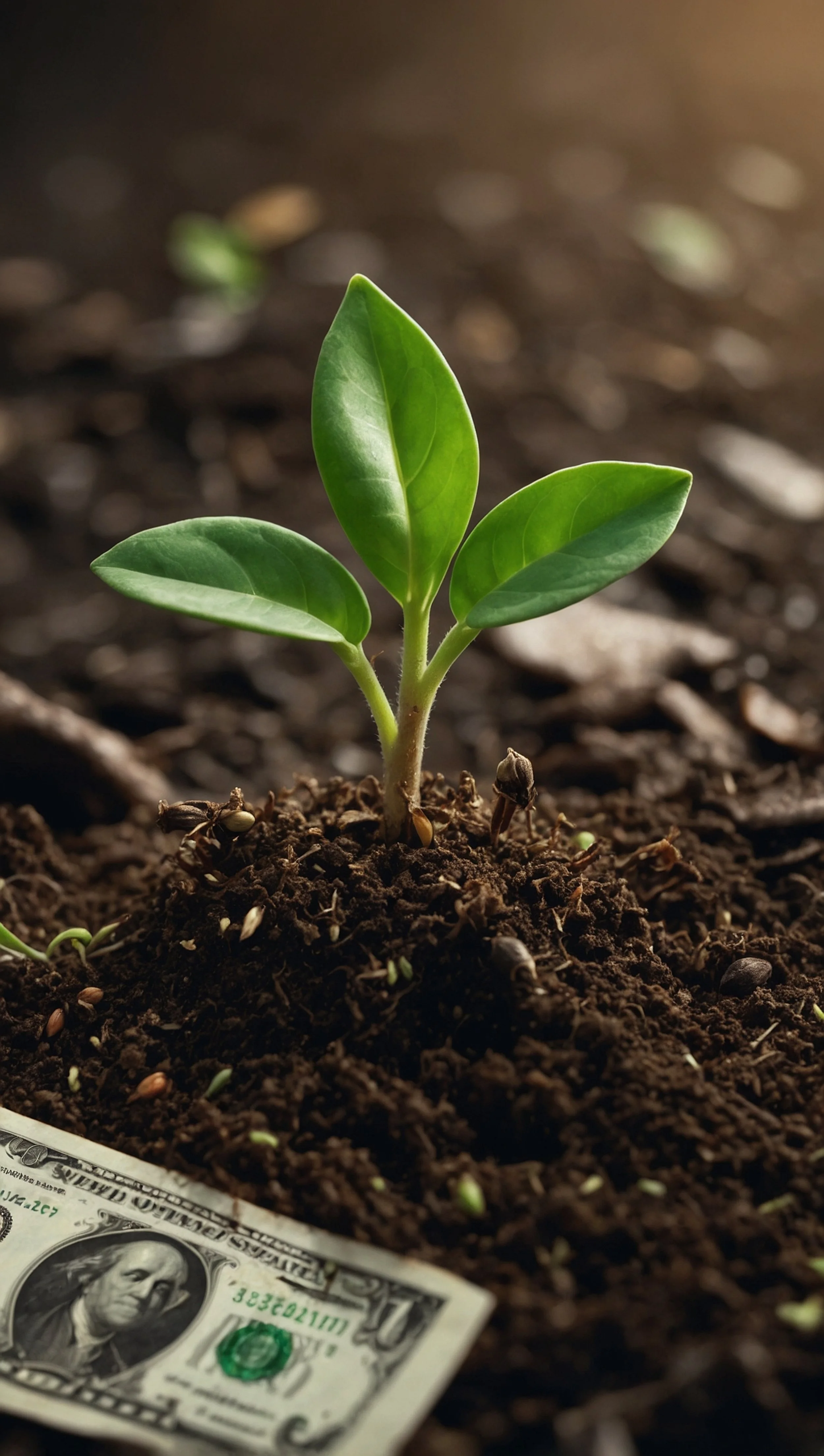 Young plant with green leaves growing in dark soil, with a one-dollar bill partially visible at the bottom of the image.