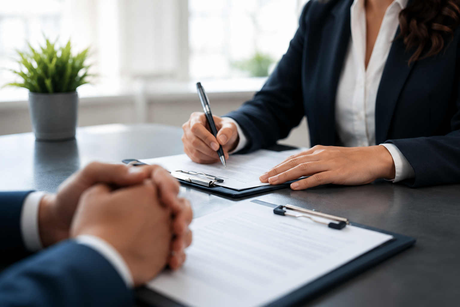 A person in a business suit is signing a document on a clipboard during a meeting, with another person sitting across the table. There is a potted plant in the background.
