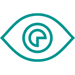 A stylized eye with a spiral pattern in the center, drawn with teal lines on a black background.