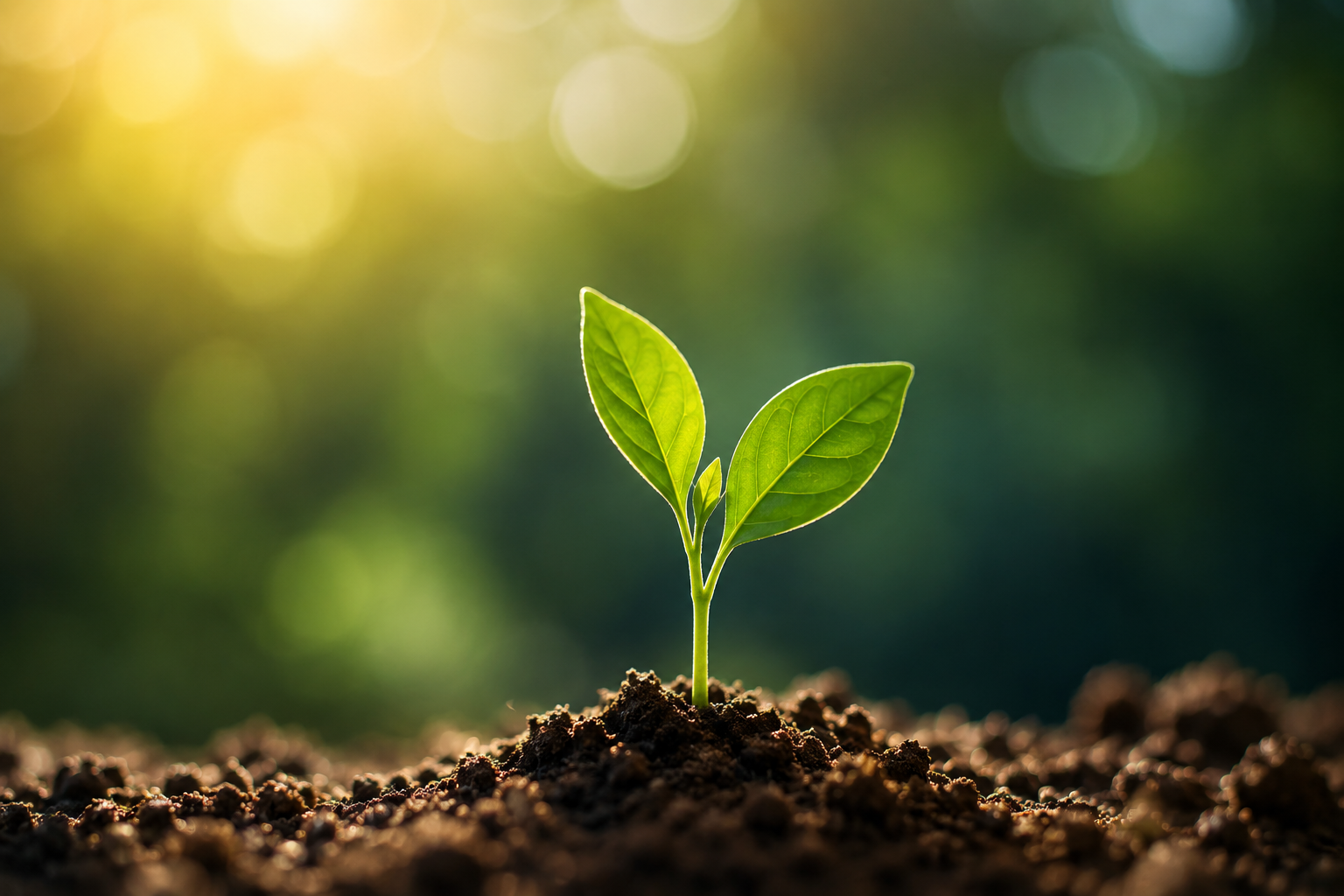 A young green plant with two leaves growing from soil, backlit by sunlight with a blurred green background.