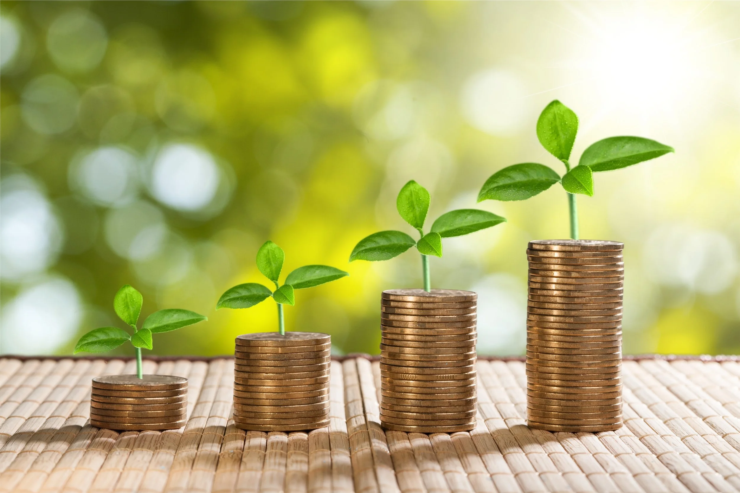 Stacked coins with small green plants growing out of them, symbolizing financial growth and investment.
