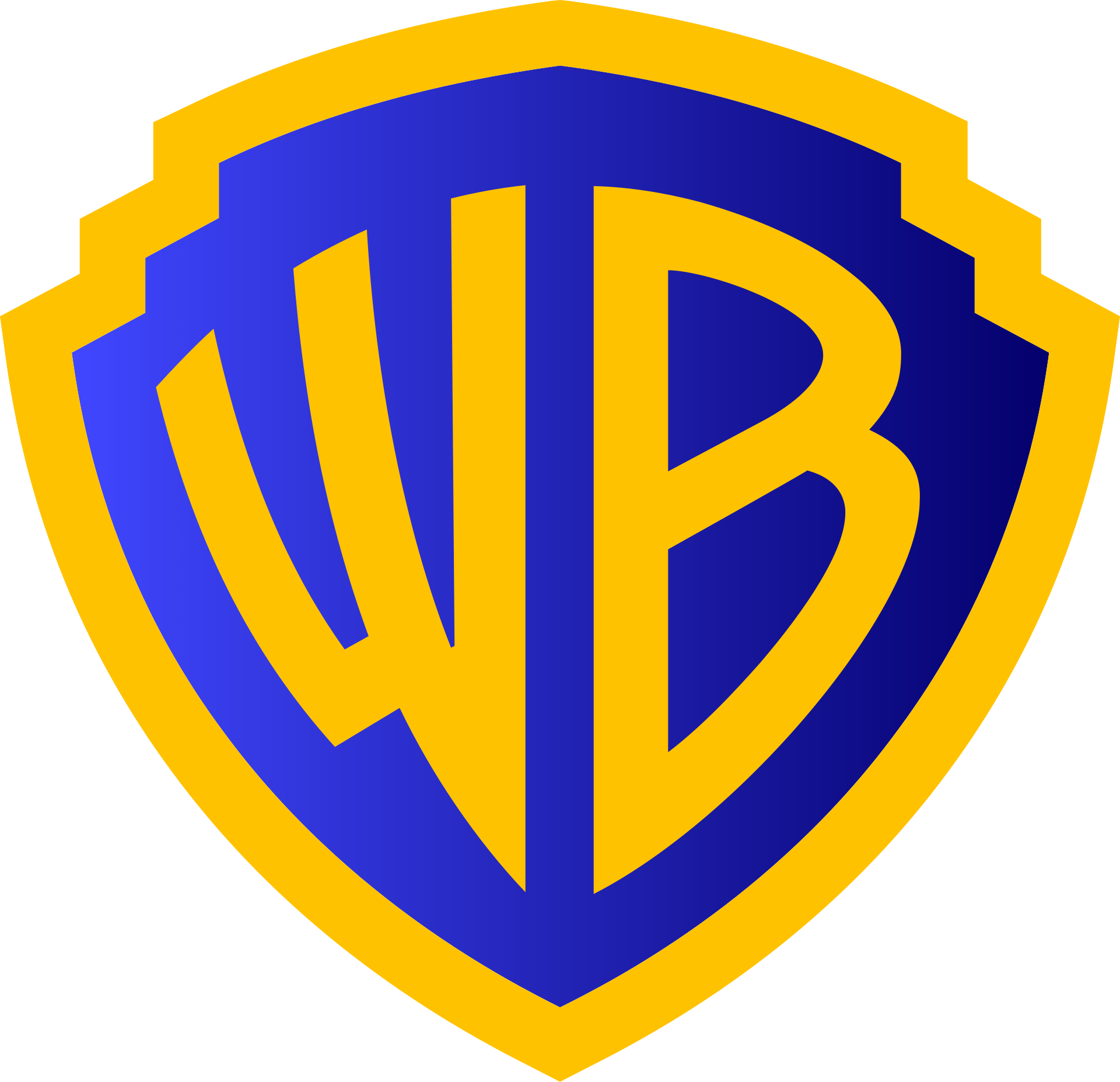 Warner Bros. logo with a blue and yellow color scheme featuring a shield and a stylized 'WB' inside.