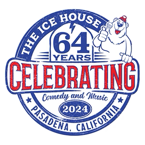 The Ice House Logo celebrating 64 years of The Ice House in Pasadena, California, with a polar bear holding a microphone, and the year 2024.