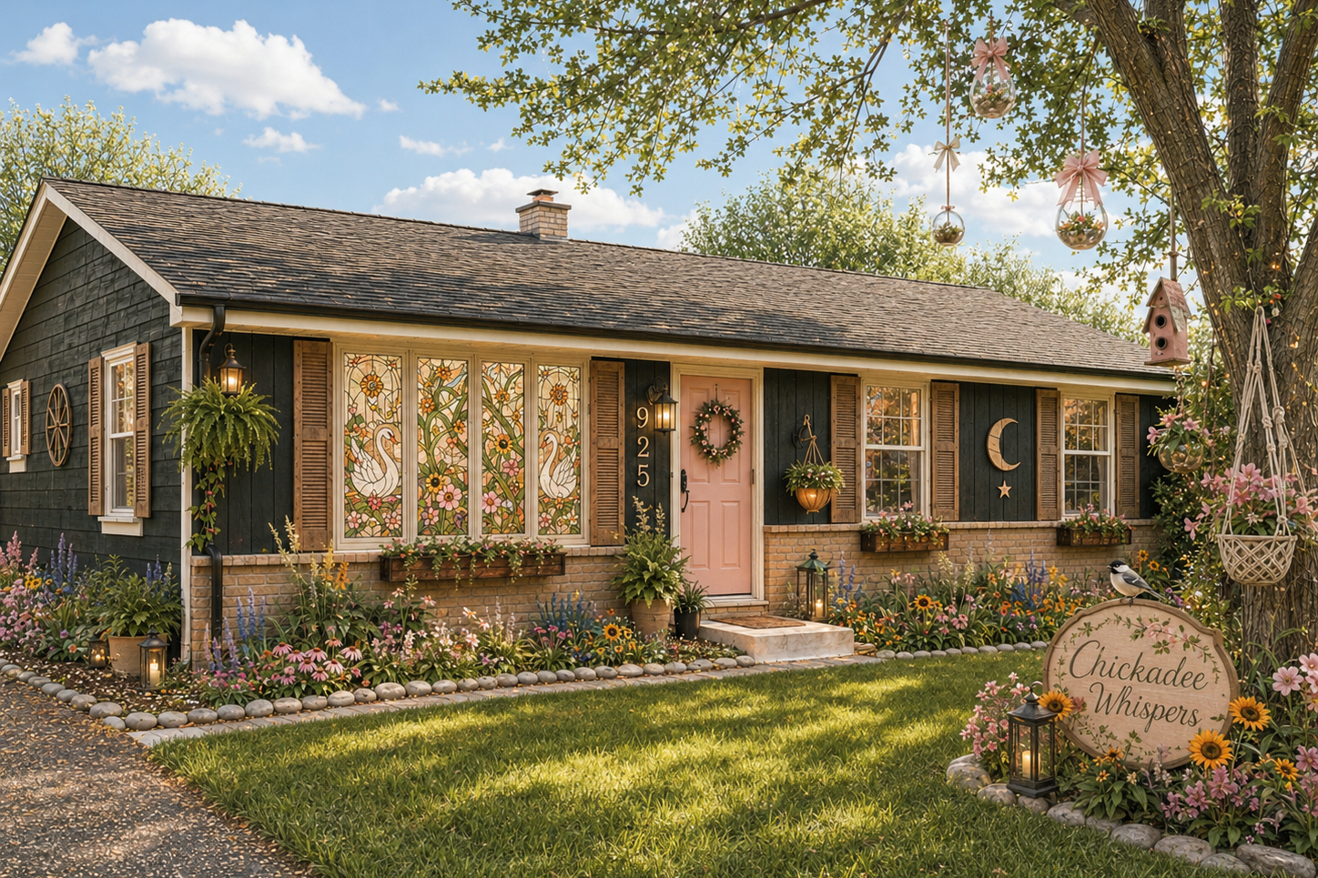 A cozy house with dark blue siding, brick accents, and stained glass windows featuring swan motifs, surrounded by flowerbeds with pink, purple, yellow, and blue flowers. The house has wooden shutters, hanging plants, and decorative elements like a wreath on the pink front door, a moon and star wall decor, and a sign reading 'Chickadee Whispers.' There are hanging glass ornaments and lanterns, and a bird sitting on the sign in the garden.
