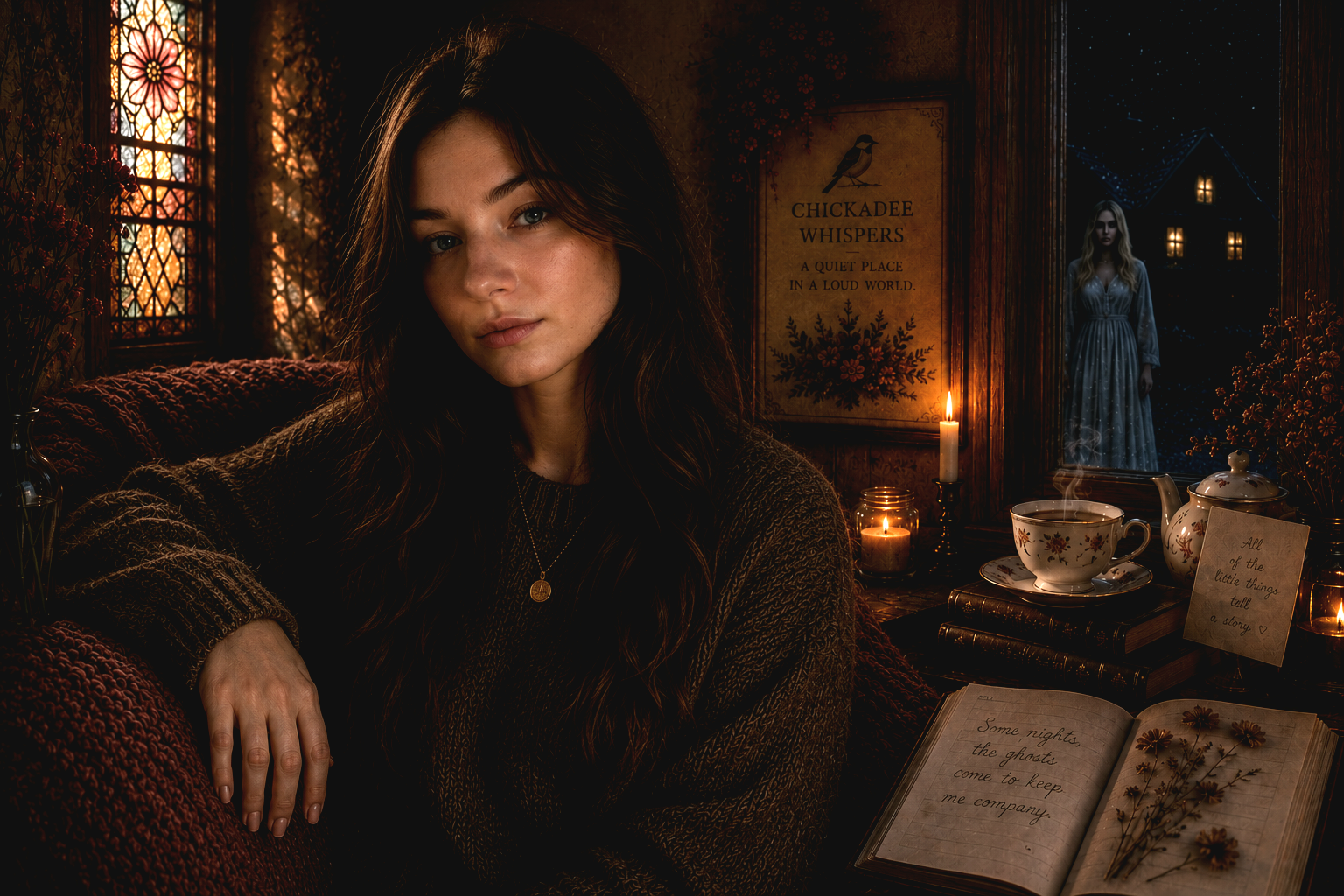 A young woman with long dark hair sitting on a cozy armchair in a dimly lit room with candles, books, and vintage decor. Outside a window, a woman in a long dress appears to be standing on a porch at night.
