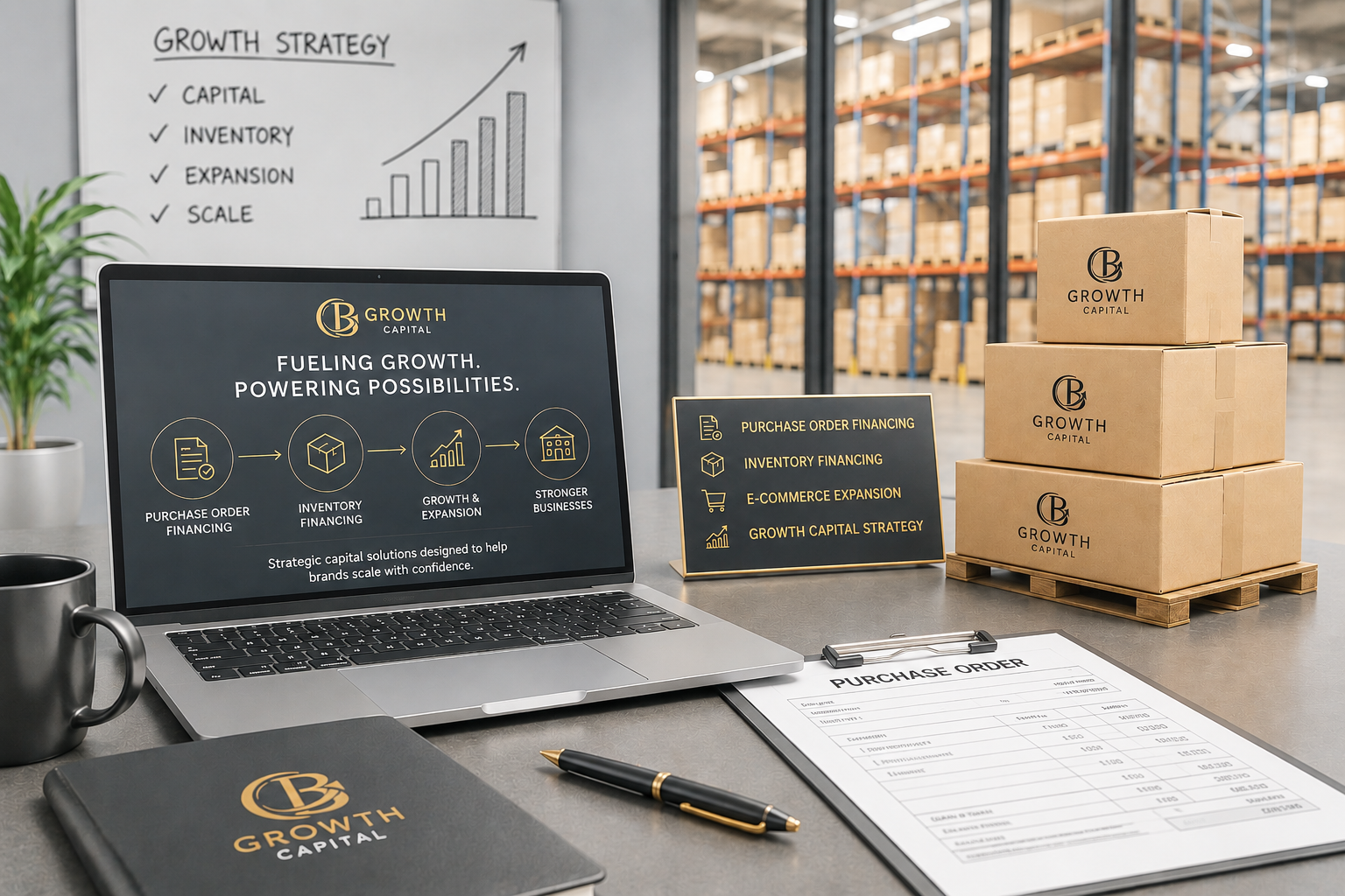 Conference room with laptop, cardboard boxes labeled Growth Capital, purchase order document, black and gold promotional sign, whiteboard with growth strategy chart, and warehouse shelves in background.