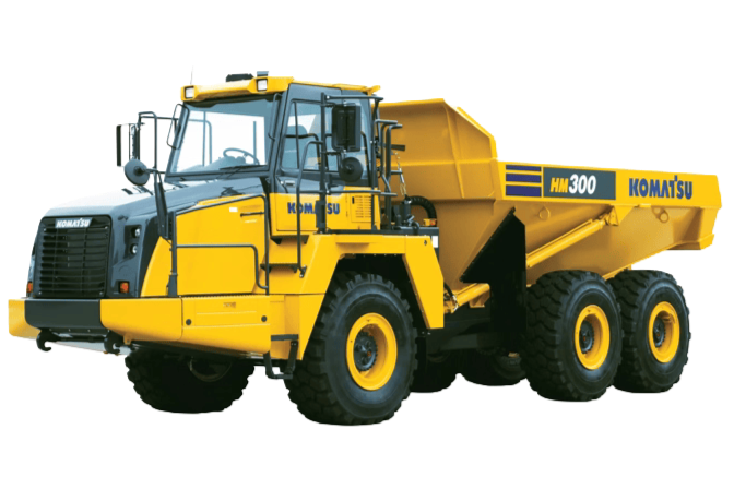 Yellow Komatsu HM300 articulated dump truck with large tires and a spacious cab.