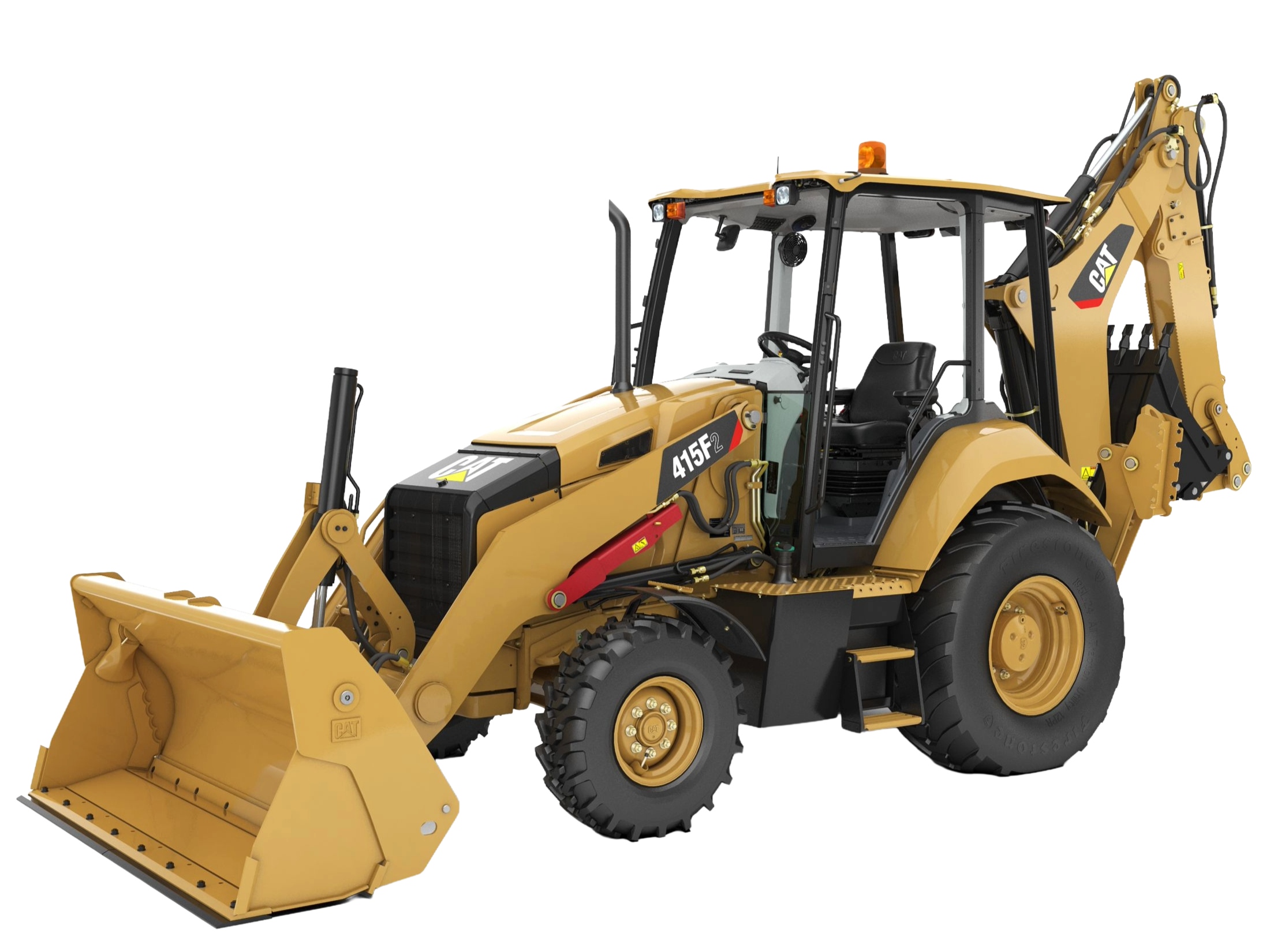 A yellow Caterpillar backhoe loader with a front bucket and an articulated boom, branded CAT and labeled 415F2, on a white background.