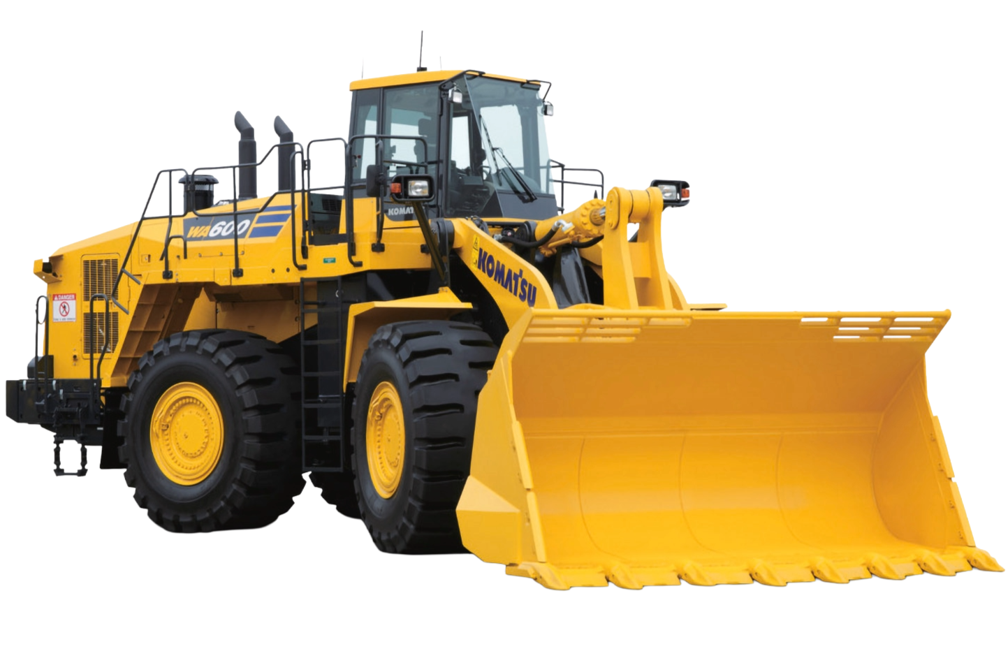 Yellow Komatsu WA600 wheel loader with large front bucket isolated on a transparent background.