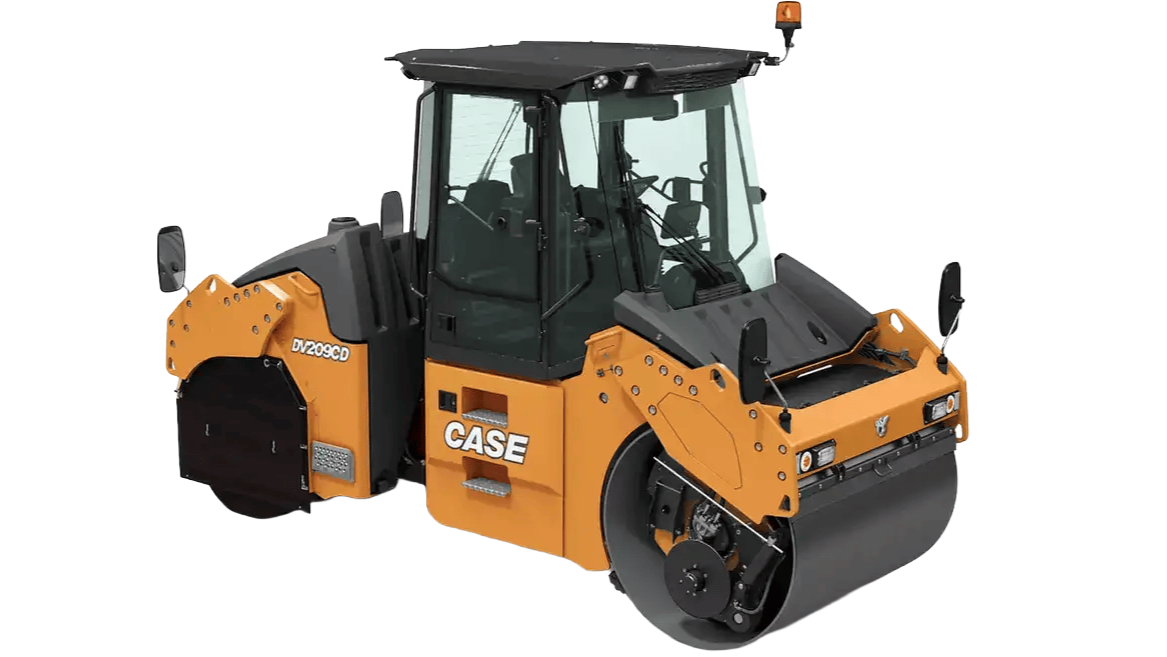 Orange CASE roller compactor with black drum and enclosed cab