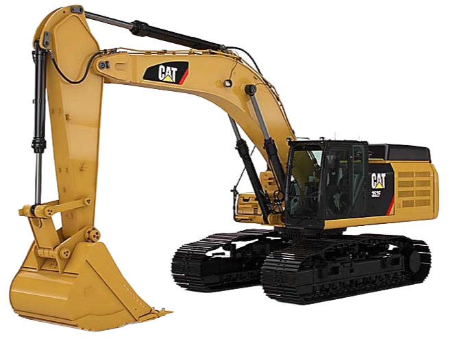 Yellow Caterpillar excavator with black tracks and arm extended outward.