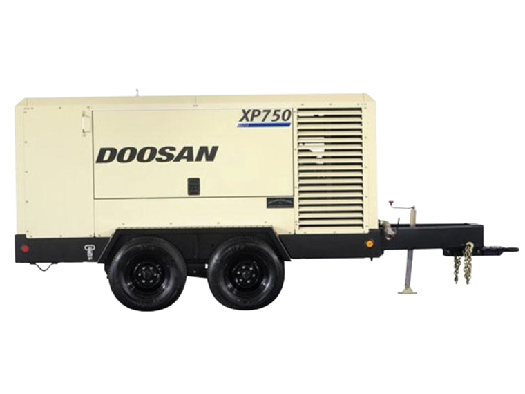 A Doosan XP750 portable air compressor trailer with a beige body, black wheels, and a towing hitch.