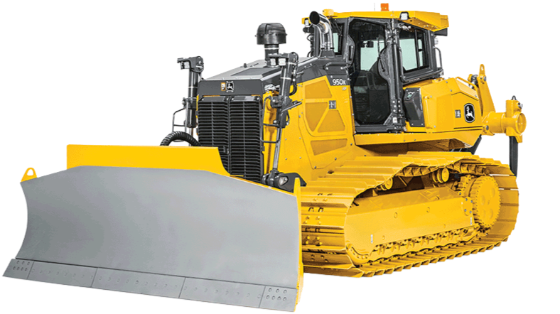 Yellow and black bulldozer with a large front blade and tracked wheels