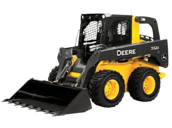Yellow and black John Deere skid steer loader with a bucket attachment.