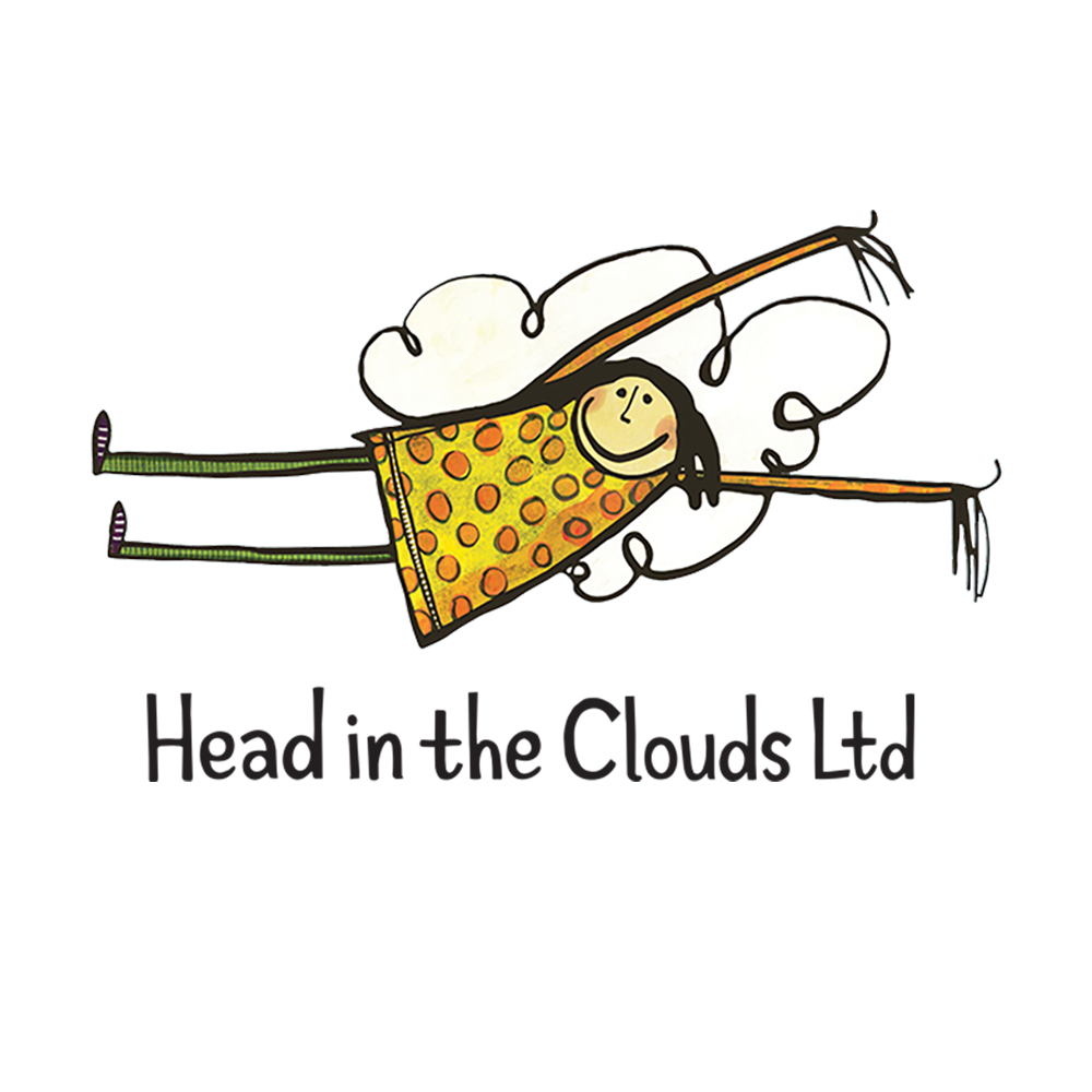 A whimsical drawing of a flying girl with a smiling face, orange polka-dot dress, in a big white cloud. Head in the Clouds logo.