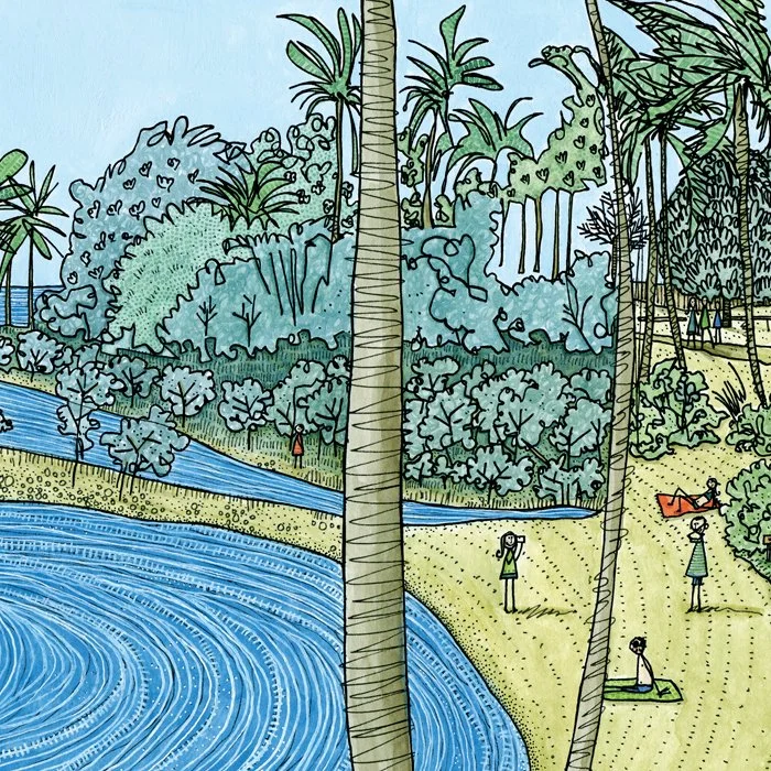 Illustration by Irish Illustrator, Heather McKay of a lush tropical landscape at Port Douglas, Queensland, Australia, with a river, palm trees, and people relaxing and enjoying nature.