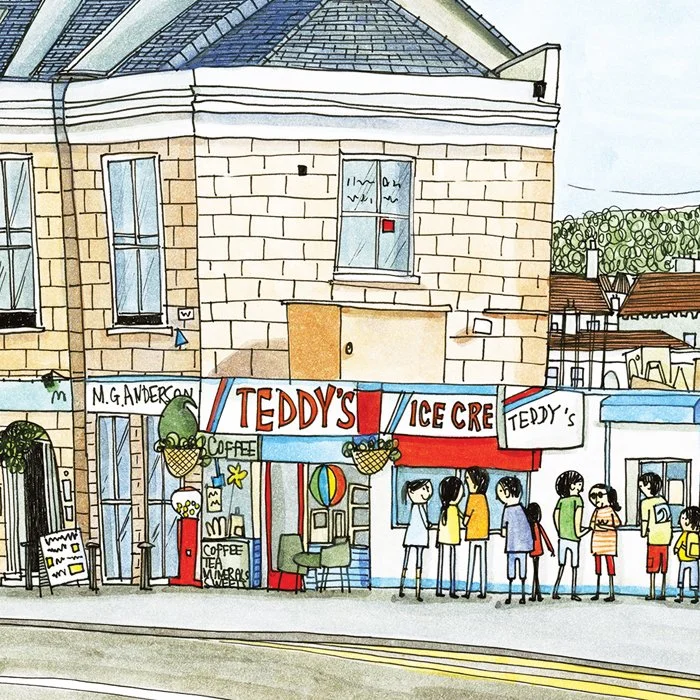 A colourful illustration by Irish Illustrator Heather McKay of a street scene featuring Teddy's Ice Cream Shop next to M.D. Anderson, with people standing in line outside.