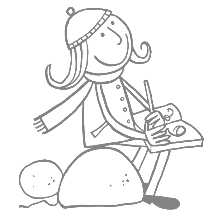 A simple line drawing of a girl sitting on a large rock, wearing a winter hat, drawing in a notebook.
