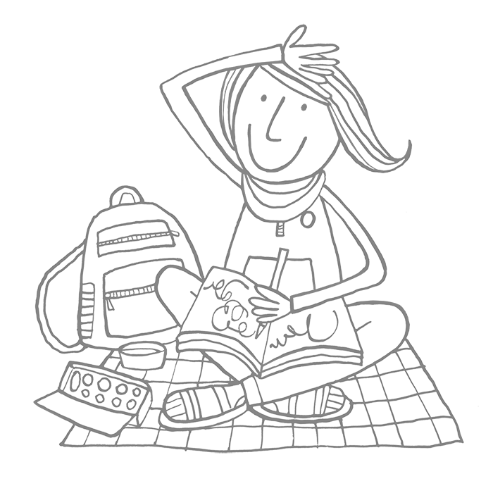 Line drawing of a girl drawing outdoors on a checked blanket.