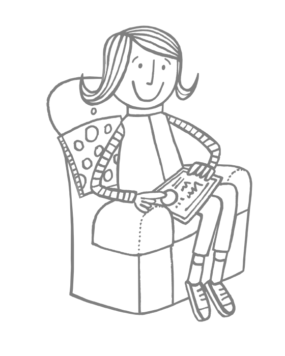 Line drawing of a woman sitting in an armchair, smiling, with a tablet on her lap, and a cushion at her back.