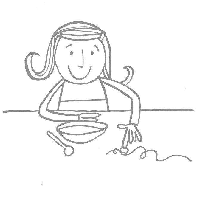 Line drawing of a smiling girl with pigtails sitting at a table, reaching for a bowl, with a spoon beside it.
