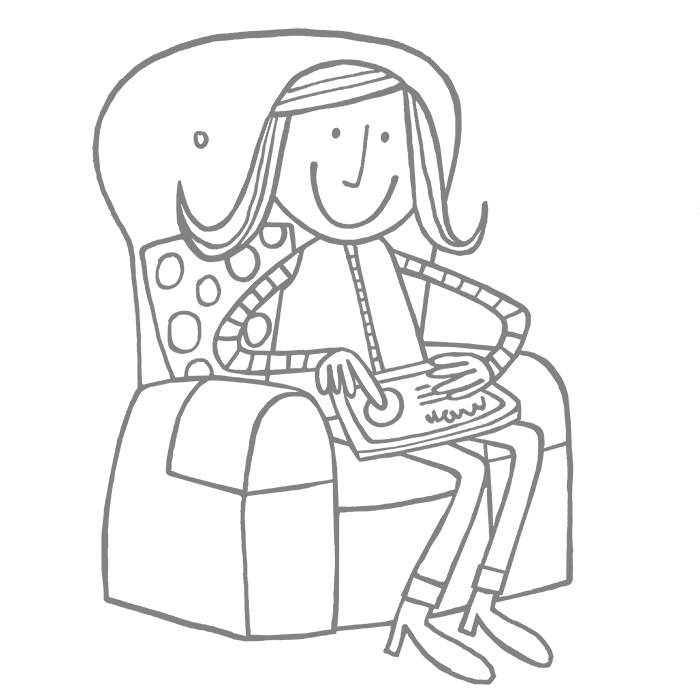 Line drawing of a woman sitting in an armchair, smiling, with a tablet on her lap, in a relaxed setting.