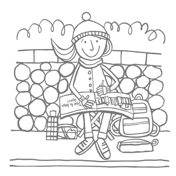 Drawing of Heather McKay sitting on a stool with her drawing book in her lap, smiling.