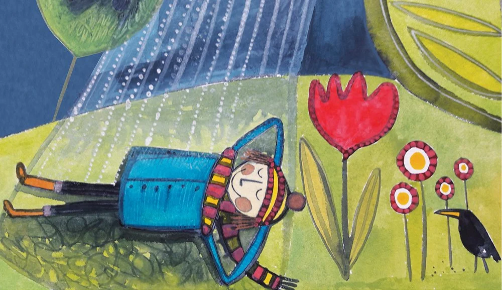 Drawing of a girl lying on the grass outdoors, wearing a colorful sweater, with a large red flower nearby, and a small black bird standing next to the flowers.