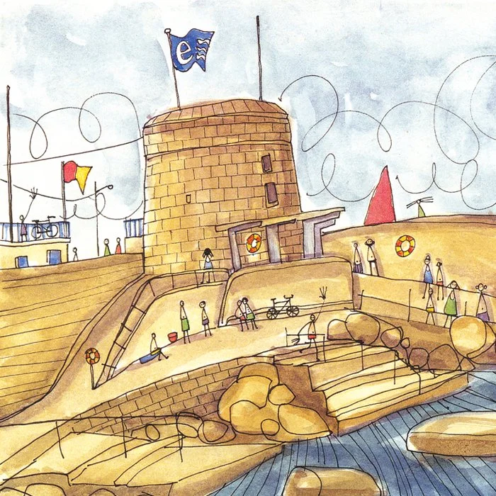 Martello Tower, Seapoint, Dublin scene with people swimming, with an blue flag, lifebuoys, bicycles and rocks.