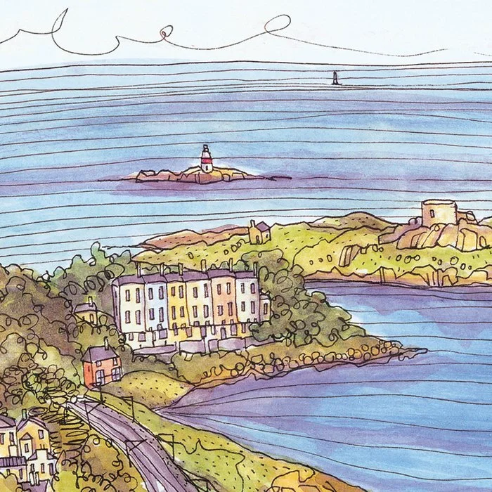 Sorrento Terrace and Dalkey Island, Dublin with colourful houses, a winding road, and green hills by the sea, with a lighthouse in the distance.