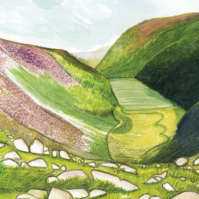 Watercolor painting of Glendalough, County Wicklow by Heather McKay. Shows rolling green hills with a winding river in a valley and a cloudy sky.
