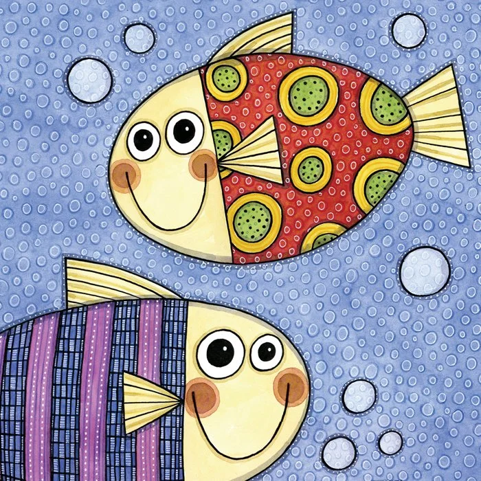 Three cartoon style fish with smiling faces swimming in water with bubbles.