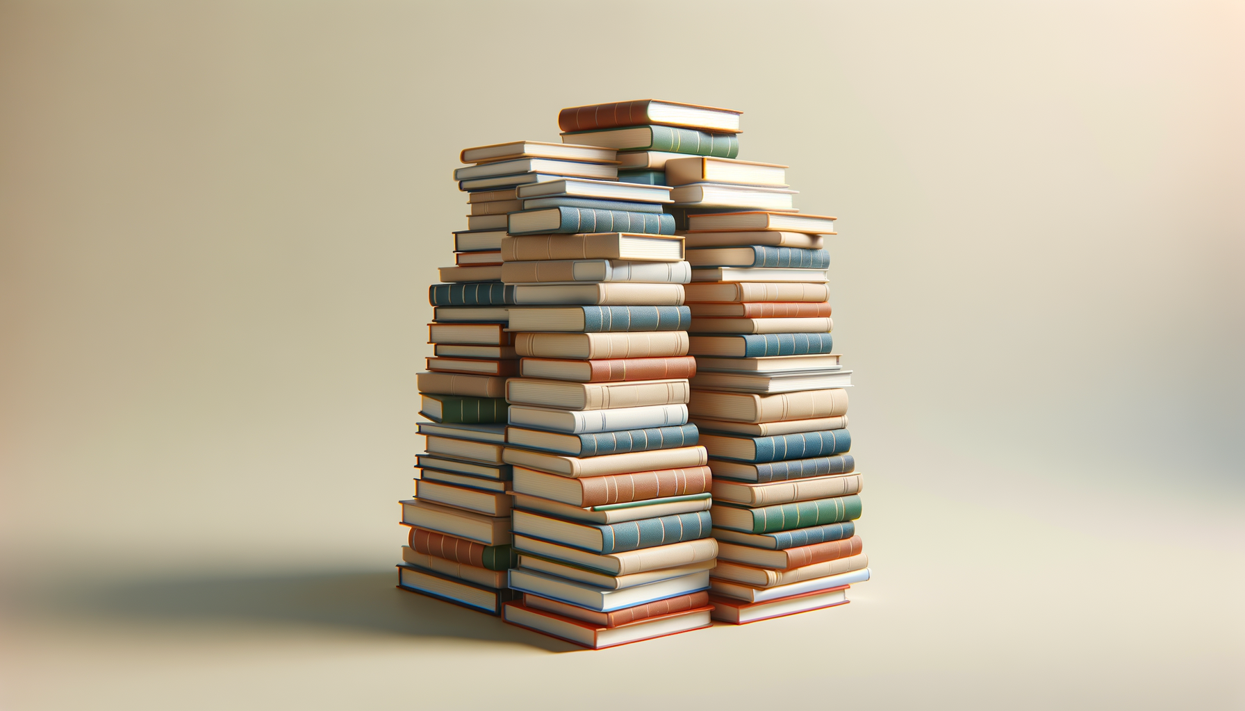 Two large stacks of hardcover books placed side by side on a smooth surface, with a plain light-colored background.