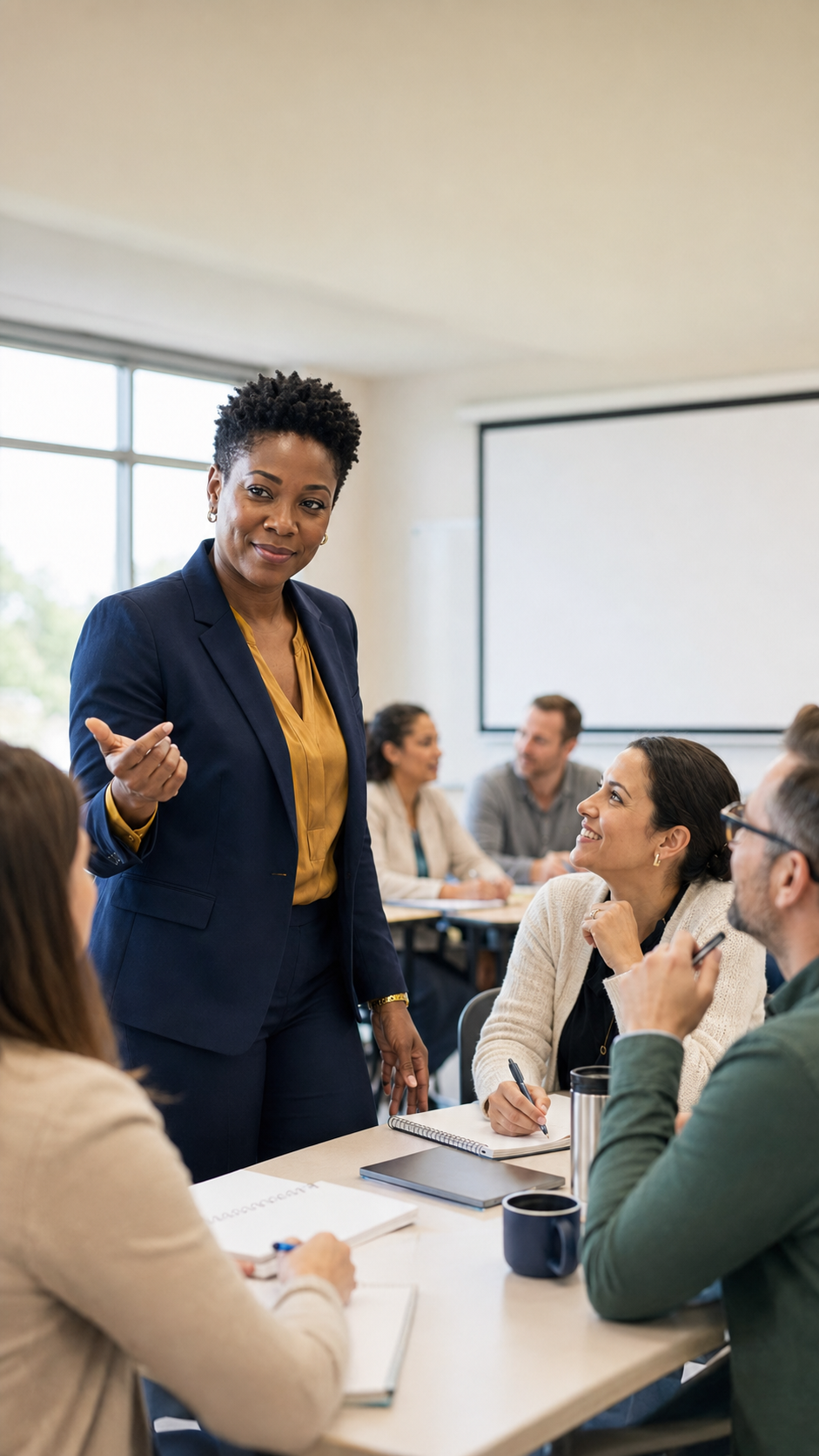 Businesswoman standing and speaking to a group during a meeting in a conference room.